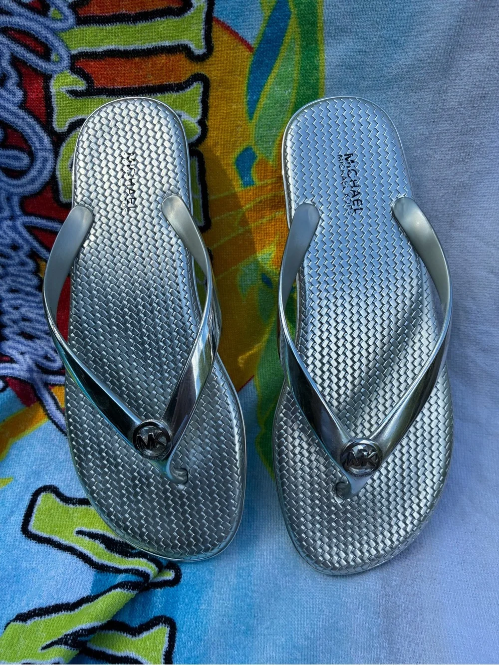 Michael Kors Metallic Silver Logo Flip Flops